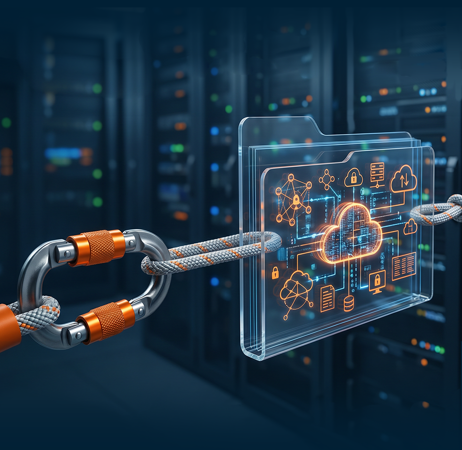 Sicherheitskarabiner mit gespannter Seilverbindung vor einem modernen Serverraum als Symbol für sichere und zukunftsfähige Unternehmens-IT.