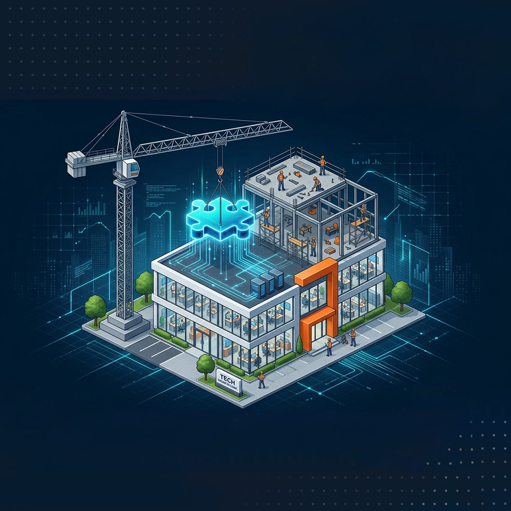 Mittelständisches Bürogebäude mit zwei fertigen Etagen und einer weiteren im Aufbau. Ein Baukran hebt ein Puzzleteil als Symbol für die wachsende IT-Infrastruktur nach oben.